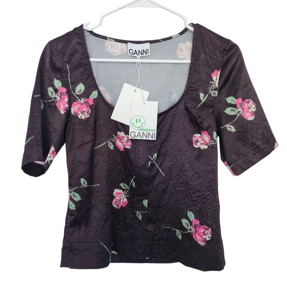 GANNI‎ Floral Crinkled Satin Blouse 36/US4 Grunge Whimsigoth Cottage Retro Y2K - Picture 1 of 10